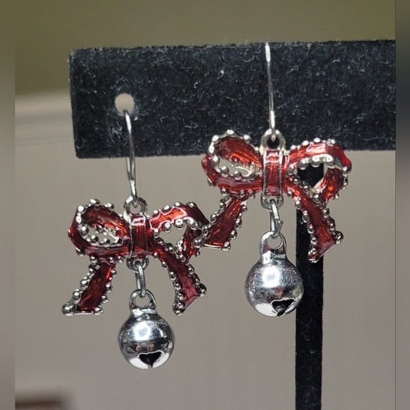 Enameled Red Bow & Jingle Bell Earrings - Picture 1 of 6